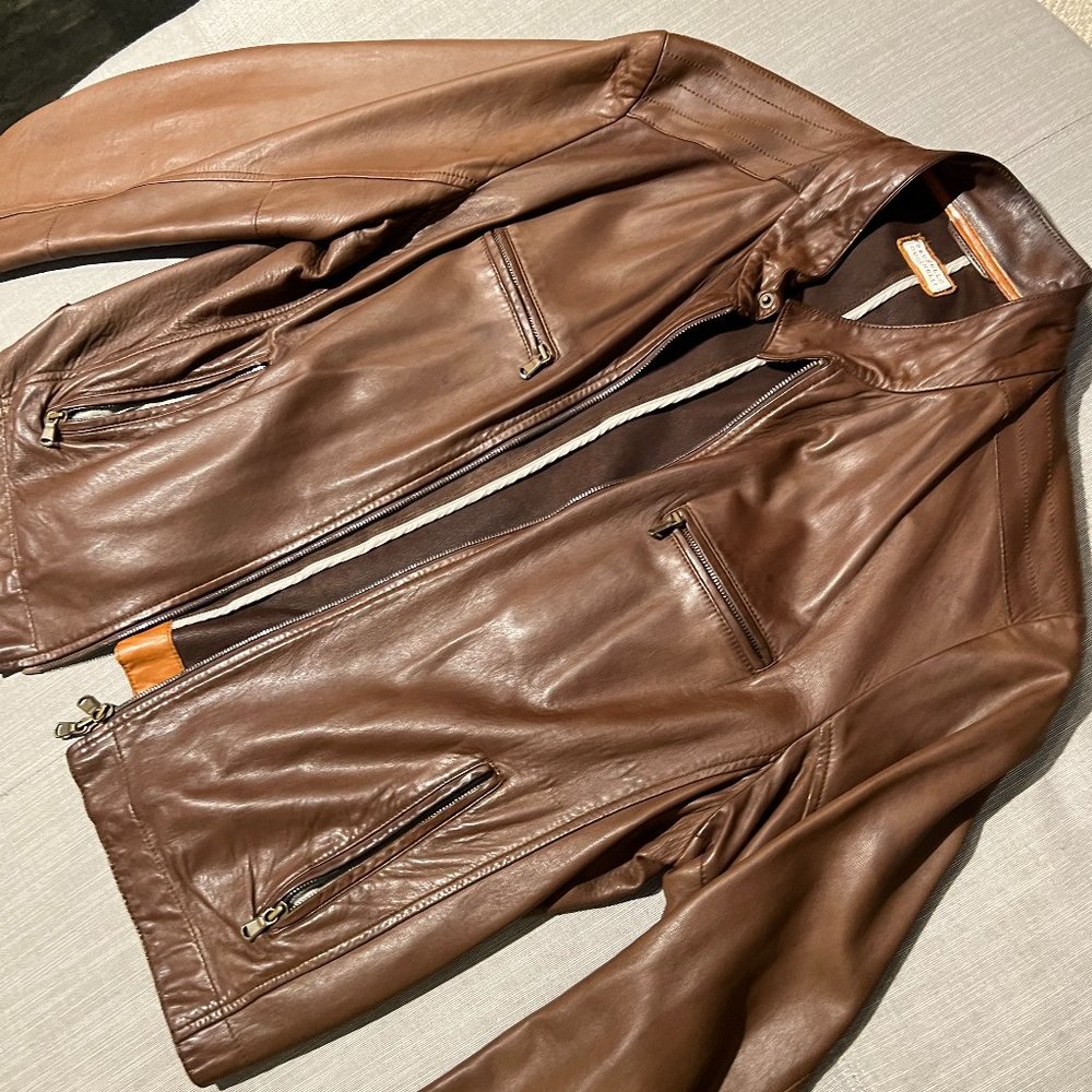 Brunello Cucinelli Men's Maple Brown Leather Racing Jacket